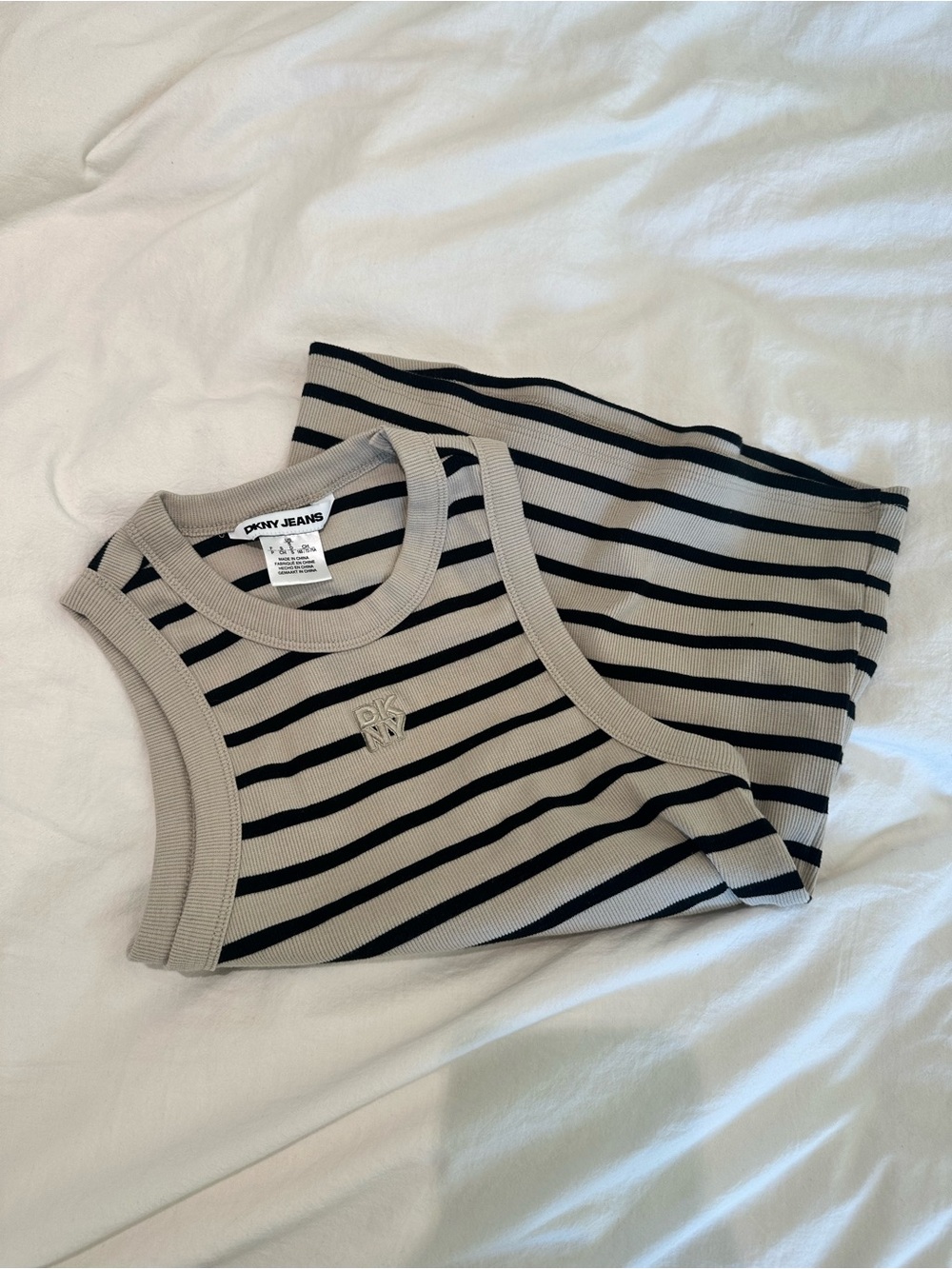 Dkny Beige and Black Striped Ribbed Tank Top